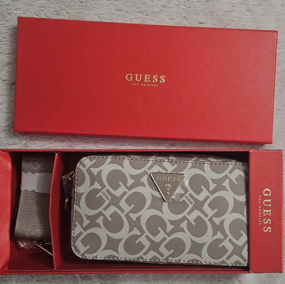 NEW GUESS Tan Monogram Crossbody Bag